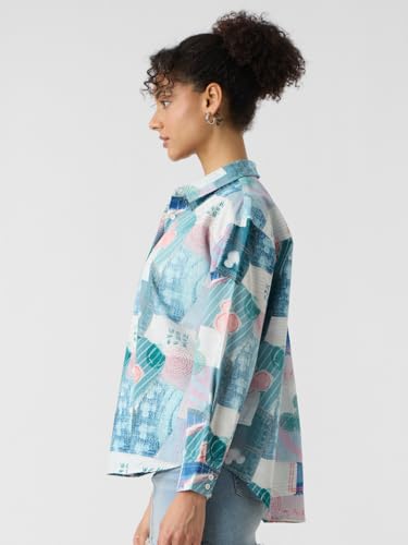 The Souled Store Mickey Mouse: Toodles Women and Girls Long Sleeves Collared Neck Button Front Blue Printed Cotton Boyfriend Shirts