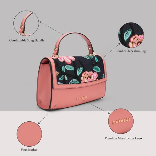 Caprese Elsa Medium Sling Bag for Women with Adjustable & Detachable Strap | Embroidered & Solid Faux Leather Crossbody Purse | Multi-Compartment Handheld Bag for Special Occasions (Cosmetic Pink)