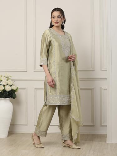 BIBA Women Green Poly Viscose Straight Suit Set_34