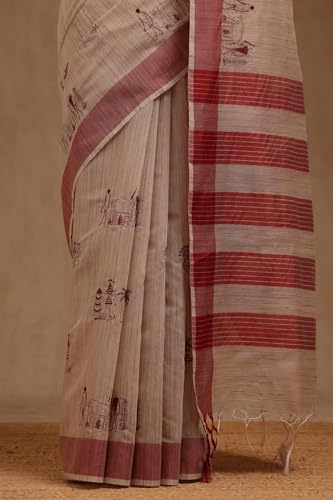 Soch Womens Beige Chanderi Warli Print Saree With Thread Work