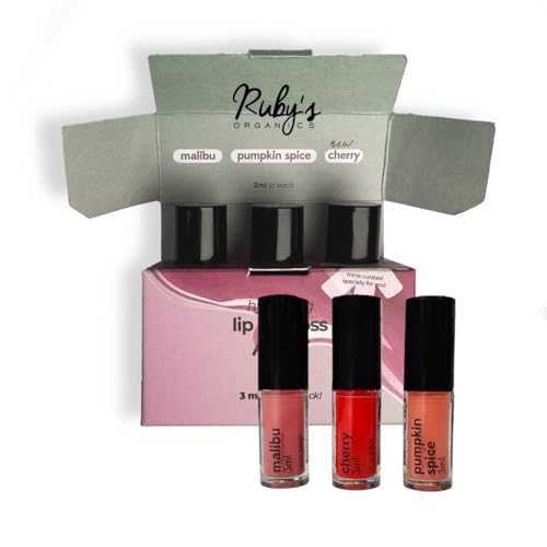 Ruby's Organics Lip Kit Glossy Finish, Lip Oil Gloss Minis Sunrise,Hydrating, Non Sticky & Non Drying Formula,Long Lasting Moisturizing Effect (Pack of 3) - Malibu, Pumpkin Spice and Cherry Shades