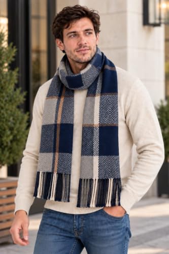 Krystle Men’s Winter Woolen Muffler Scarf | Warm Soft Checkered Plaid Neck Wrap | Stylish Winter Scarf for Men | (Blue,Free Size)