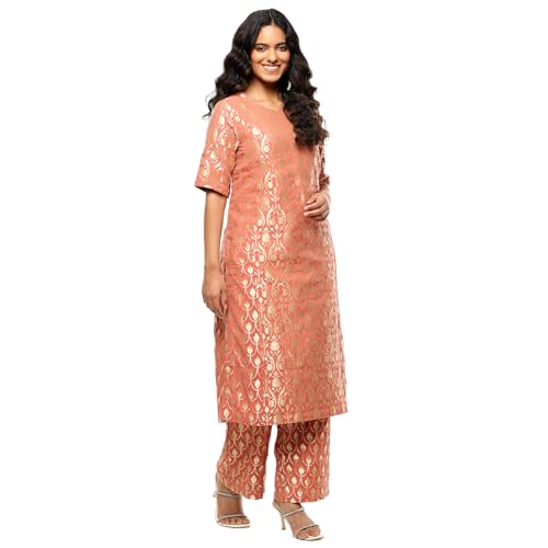 BIBA Women's Jacquard Kurta Sets (FEST2752AW24PCH_Peach
