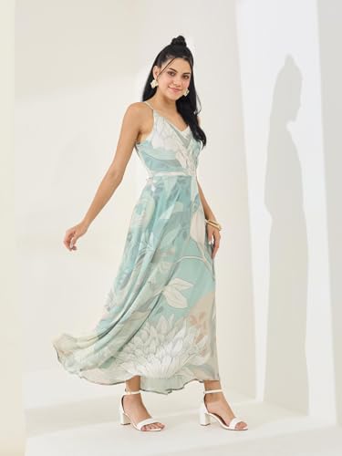 Latin Quarters Women's Green Printed Strappy V-Neck Casual Fit & Flared Dress_M
