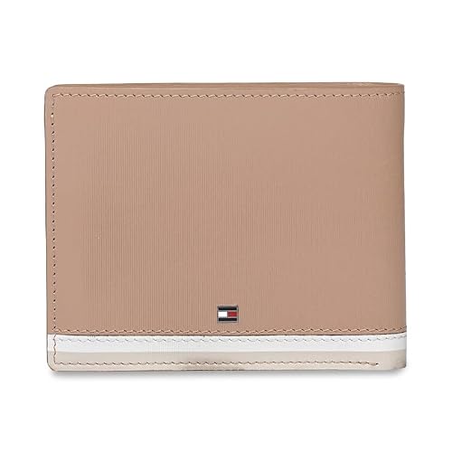 Tommy Hilfiger Men's Leather Wallet Avlona | Textured Khaki+White+Beige Bi-Fold with Global Coin Pocket | Stylish Purse for Gents