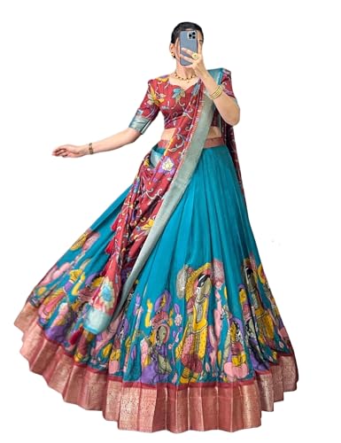 FIBREZA Women's Tussar Silk Lehenga Choli Set Semi-Stitched | Patola Print with Foil Work | Unstitched Blouse | Designer Ethnic Wear for Navratri, Wedding, Festival Prewedding Photoshoot (Rama)