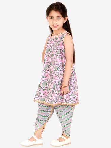 superminis Baby Girls Sangakari Print A Line Style Sleeveless, Round Neck Kurti and Dhoti with Elastic Closure Ethnic Dress (Pink, 6-7 Years)