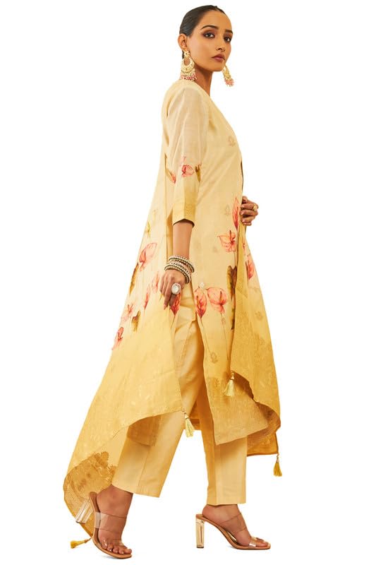 Soch Womens Beige Chanderi Placement Print Suit Set With Cutdana Details