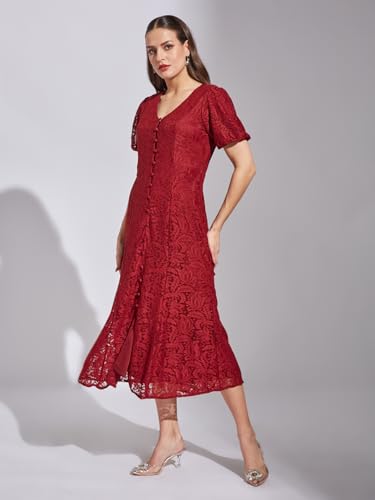 Latin Quarters Women Maroon Half Sleeves Casual Solid Dress_S