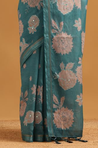 Soch Womens Turquoise Blue Silk Blend Digital Printed Floral Saree With Mirror-Work