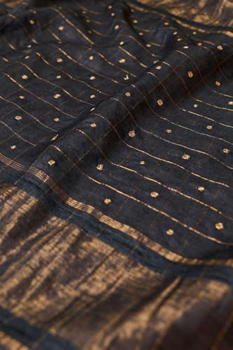 Taneira Women Black Bengal Pure Silk Aari Embroidered Saree with Unstitched Blouse Piece (SAIH01AC2215-Black)