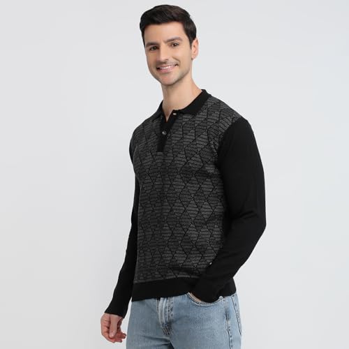 Raymond Men Contemporary Fit Argyle Pattern Merino Wool Acrylic Blend Polo Neck Full Sleeve Casual Sweater Black
