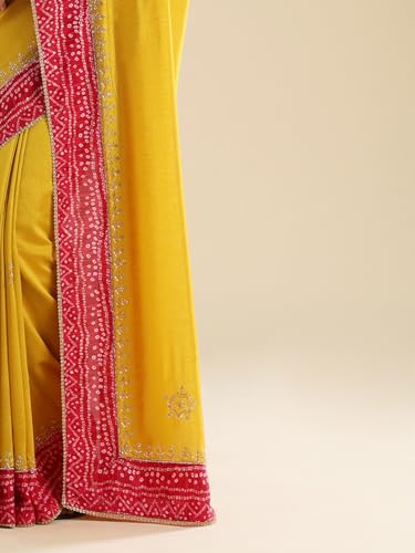 AKHILAM Women's Yellow Vichitra Silk Embroidered Embellished Saree With Unstitched Blouse Piece (ANIKA3801_AG)