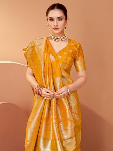 AKHILAM Women's Mustard Satin Silk Woven Design Saree With Unstitched Blouse Piece (RNGREET203_HS)