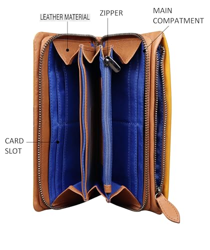 Calfnero Women's Genuine Leather Wallet-Long Purse Wallet with Multiple Card Slots, Zip Pocket with Note Compartments (Yellow)