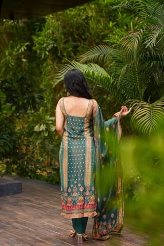 Women's Teal Green Printed Silk Blend Kurta Set With Dupatta And Pant