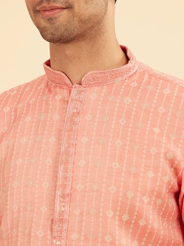 Manyavar Men's Art Silk Sequined Placket Printed Festive Kurta Set (Peach,M)