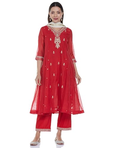 BIBA Women EMBROIDERY KALIDAR SALWAR KURTA DUPATTA(SKDJEWELLED CHARM8990_RED_32)