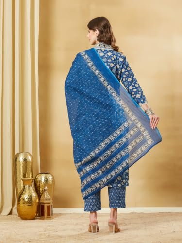 Divena Blue Floral Cotton Kurta Sets With Dupatta