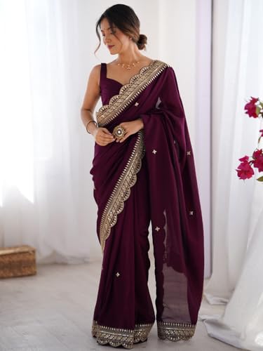 AKHILAM Women's Purple Vichitra Silk Embellished Saree With Unstitched Blouse Piece (RADHA5002_RX)