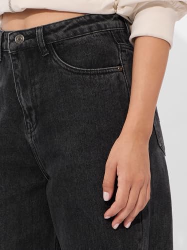 The Souled Store Solids: Charcoal Women and Girls Buttoned Cotton Straight Fit Jeans