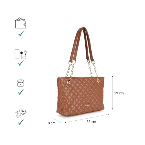 Fastrack QuiltPlay Tan Shoulder Bag | Quilted Faux-Leather Women’s Handbag Bag with Metal Accent Strap & Zipper Closure