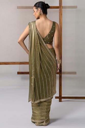 Soch Womens Light Olive Fendy Organza Embellished Saree With Stone Work