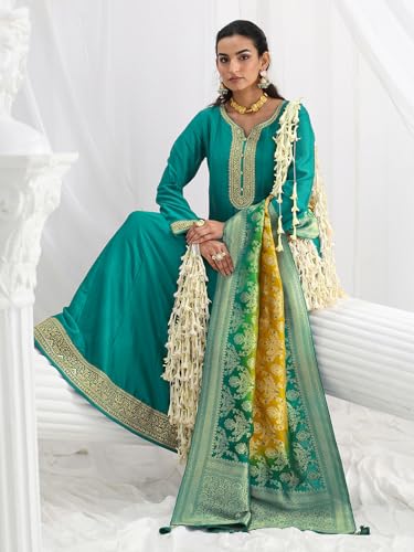 Libas Embroidered Silk Blend A-Line Ethnic Dress with Dupatta-93606XL Green