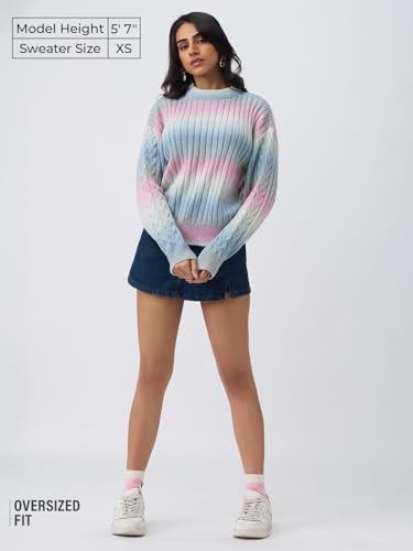 The Souled Store Blushwood Women and Girls Full Sleeves Round Neck Light Blue Pink Pastel Tie Dye Acrylic Polyester Ribbed Knit Casual Winter Oversized Pullovers