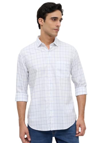 Park Avenue Men Slim Fit Checks Pattern Pure Cotton Short Collar Full Sleeve Casual Shirt Blue