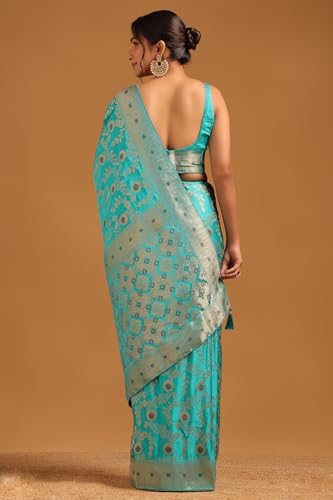 Soch Womens Turquoise Blue Satin Floral Saree With Zari Work