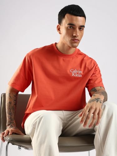 Calvin Klein Jeans Solid Relaxed Fit Cotton T-Shirt Mecca Orange