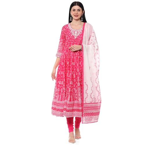 BIBA Women Cotton Anarkali Suit Set (Pink)