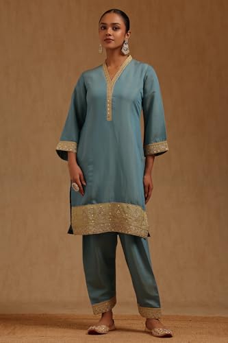 Soch Womens Turquoise Blue Silk Shimmer Solid Suit Set With Mirror Work
