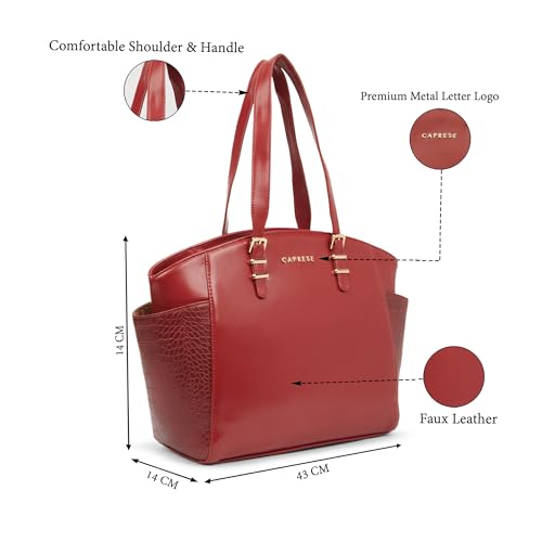 Caprese Macie Medium Alpine Oat Tote Bag for Women | Solid Faux Leather Shoulder Handbag with Spacious Interior & Zipper Closure | Fits Up to 16-Inch Laptop | Office & Travel Use (Cherry Lacquer)