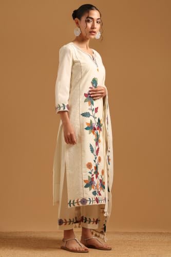 Soch Womens Off White Cotton Botanical Salwar Suit With Thread Work