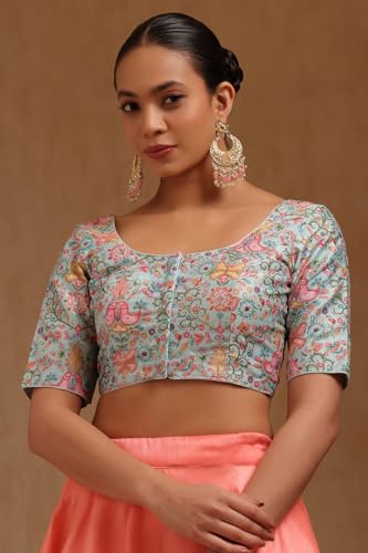Soch Womens Powder Blue Art Silk Floral Print Padded Blouse with Zari