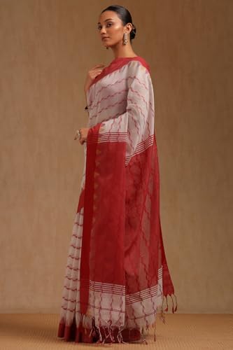 Soch Womens White Cotton Woven Design Saree