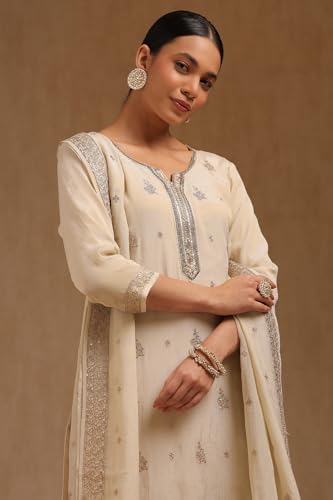 Soch Womens Off White Tissue Embroidered Suit Set With With Beads and Stones