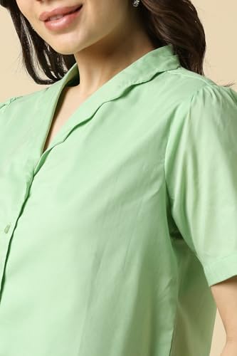Allen Solly Women Green Solid Short Sleeves Shirt