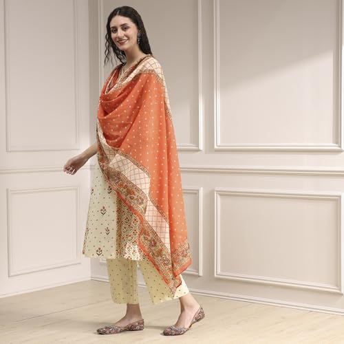 Biba Women Beige Cotton A-Line Printed Kurta Set_32