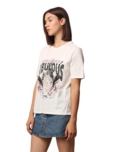 ONLY Women Graphic Printed Regular Fit Casual White Round Neck T-Shirt