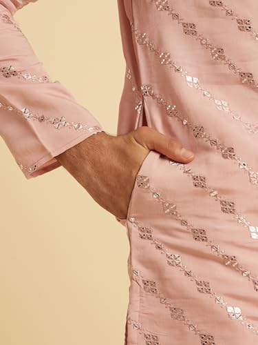 Manyavar Men's Art Silk Mirror Work Embroidered Kurta Pajama Set (Dusty Pink,L)