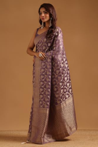 Soch Womens Lavender Satin Botanical Zari Woven Saree