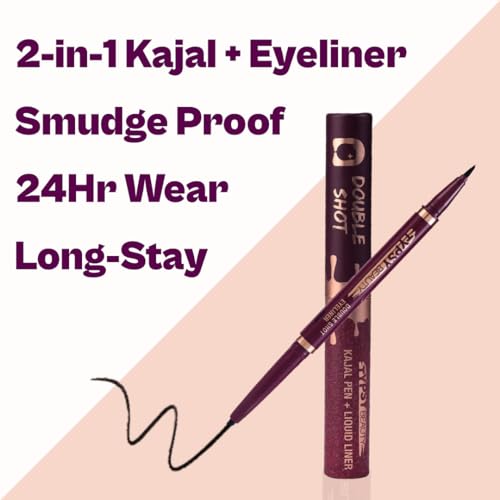 Typsy Beauty Double Shot Kajal + Eyeliner Pen I 100% Opaque | | 48hr Wear | Intense Black I Double-Sided I Dual Liner I Fine Precision Tip I Waterproof & Smudge Proof I 0.65g