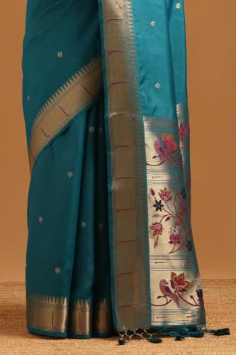 Soch Womens Teal Tussar Botanical Zari Woven Zari Border Saree