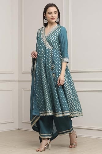 Biba Women Teal Green Poly Cotton Anarkali Suit Set_36