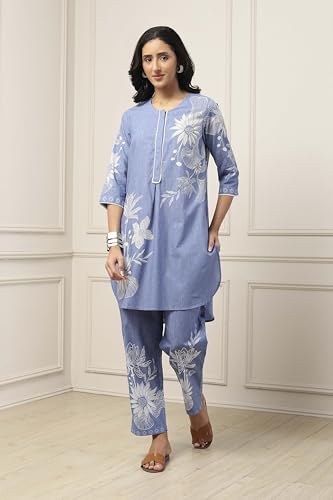 BIBA Women Blue Cotton Straight Kurta Pants Set_36
