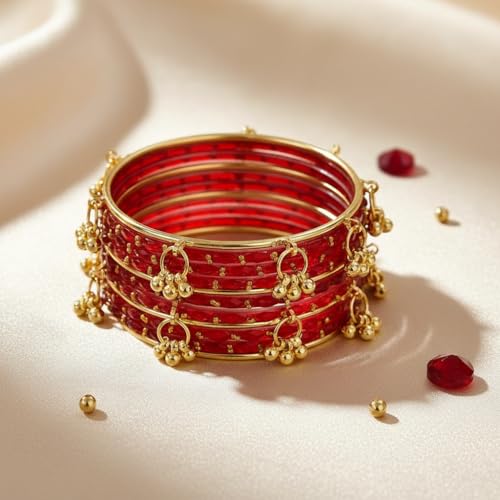 MM JEWELS Kashmiri Red Glass Bangles Set with Ghungroo Latkan for Women & Girls | Traditional Gold-Plated Bridal Churi set for Wedding & Festival | Ethnic Handcrafted Jewelry with Jingle Bell Hangings (Set of 16) (Red, 2.4)