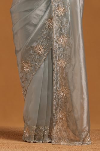 Soch Womens Blue Organza Floral Saree With Cutdana